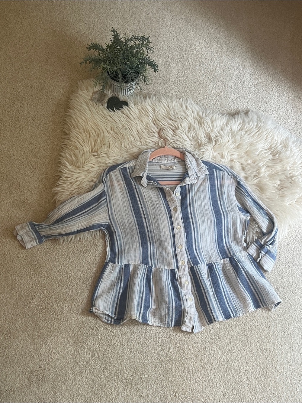 Striped Blue & White Peplum Button-Up Shirt small 100% cotton